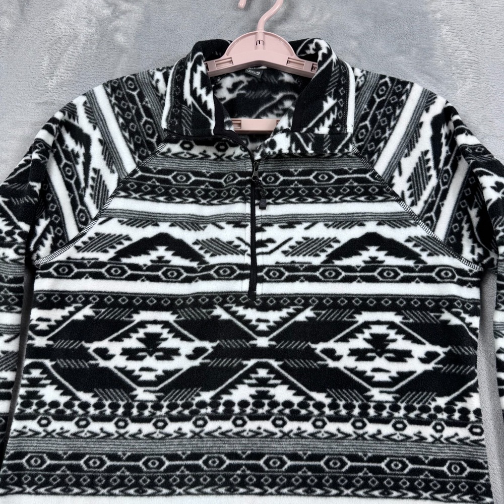 Eddie Bauer Sweater Womens M Black White Southwest Aztec 1/4 Zip Fleece Poly